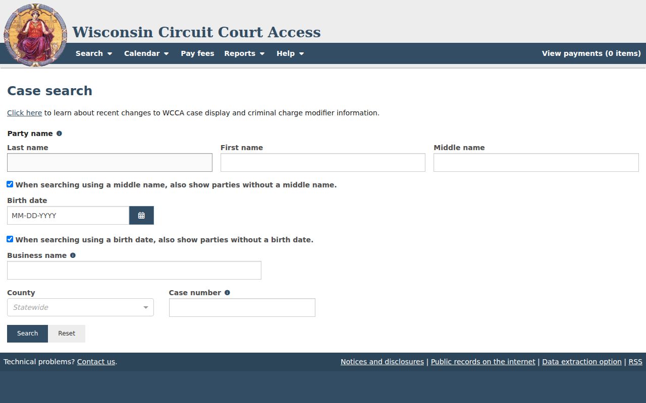 Milwaukee resident lookup on the Wisconsin WCCA court search